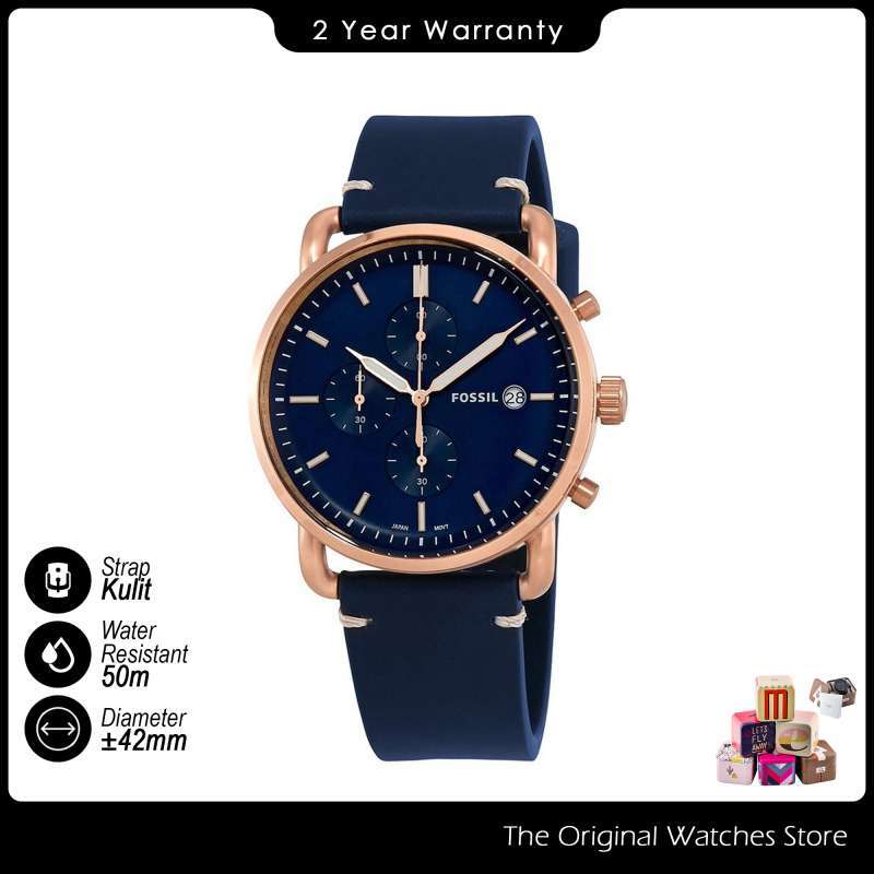 Promo Fossil Commuter Chronograph Leather Jam Tangan Pria Biru