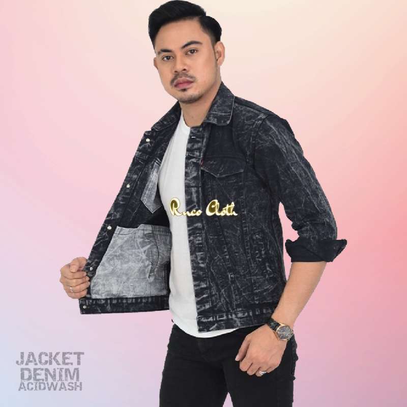 Promo TRUCKER DENIM JACKET JAKET JEANS BLACK SNOW WASH UNISEX