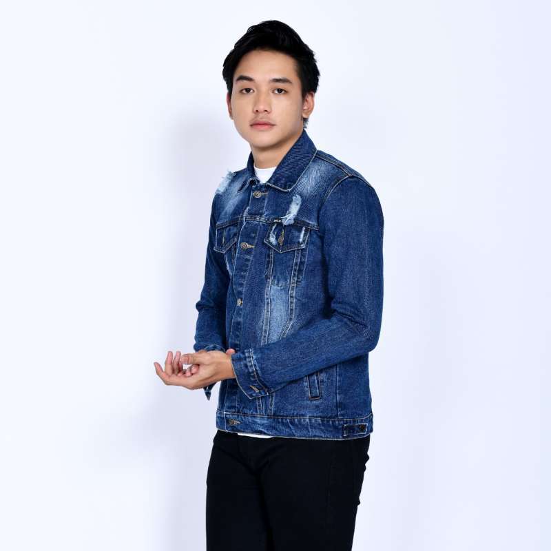 Jaket Denim Ripped Denim Jacket For Mens Promo Emoline Ripped