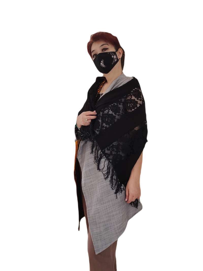 Syal Shawl Scarf Leher Pasmina Panjang Patchwork Lurik Hitam Brokat Rumbai  GESYAL