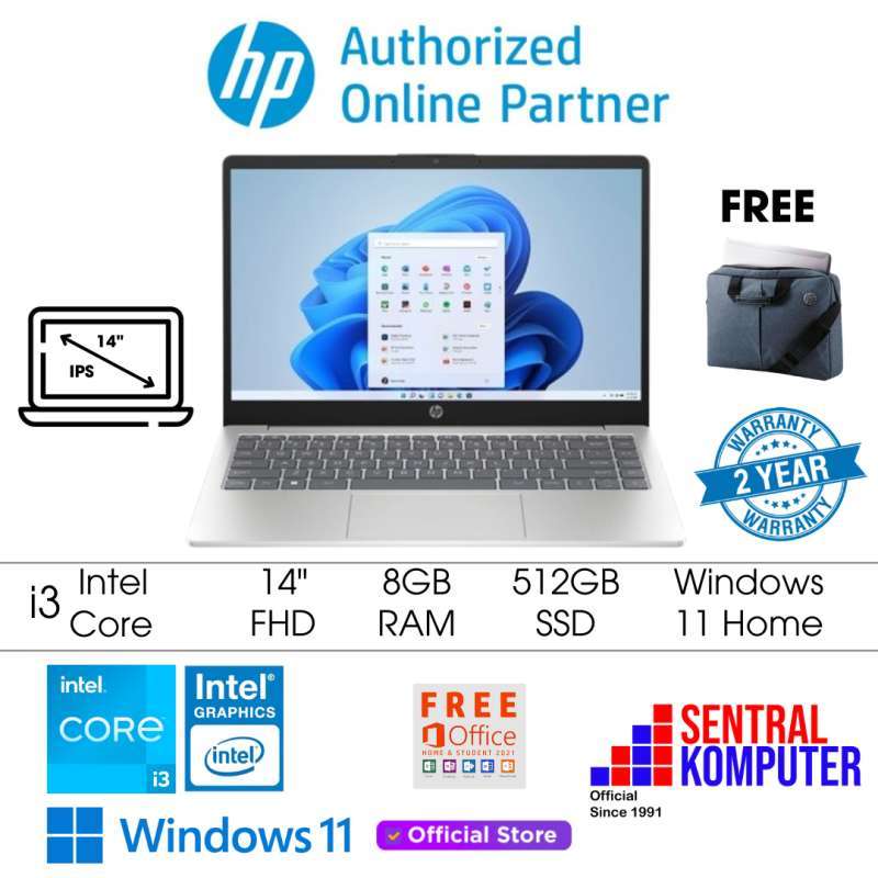 HP Laptop 14s-dq2629TU dengan Intel Core i3, RAM 8GB, SSD 512GB, dan Layanan Office Seumur Hidup, Ideal untuk Pelajar dan Profesional