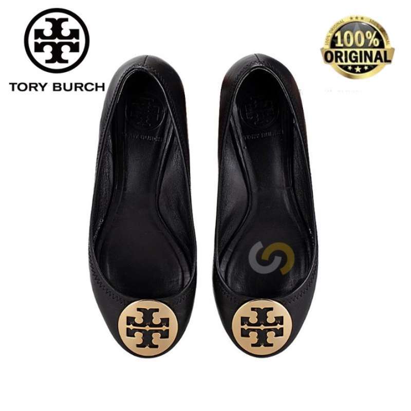 Jual Tory Burch Minnie Travel Ballet Flats Black Gold Shoes Original