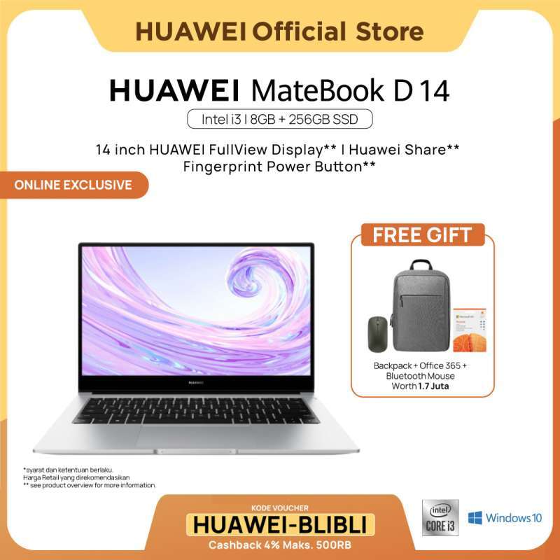 Jual HUAWEI MateBook D14 i3 Laptop [Intel i3/8GB/256GB] | 14-Inch ...