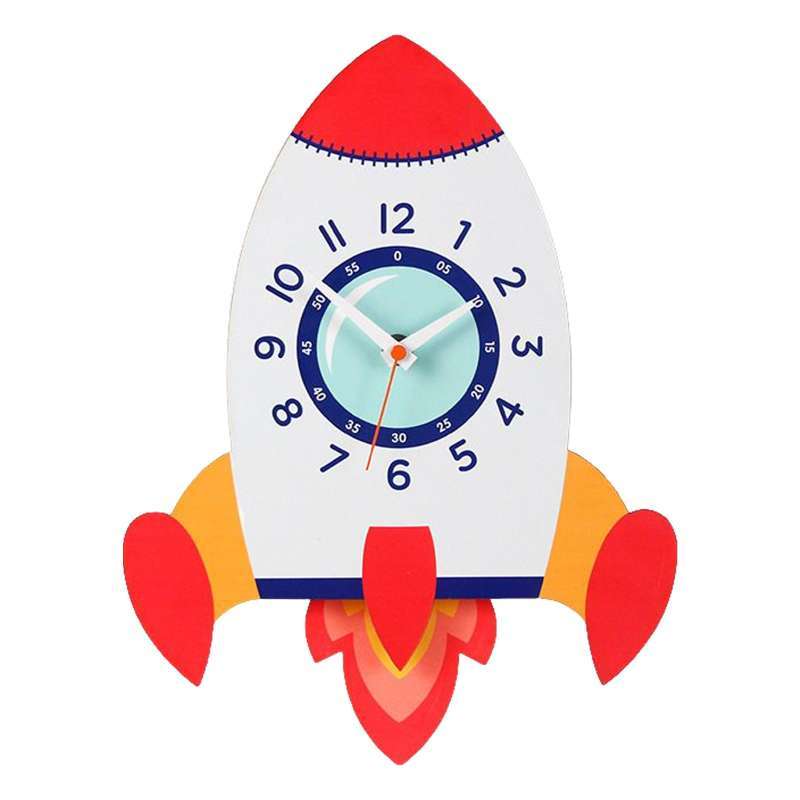 Promo Cartoon Wall Clock with Pendulum Wooden Decorative Clock for School Nursery Rocket Diskon