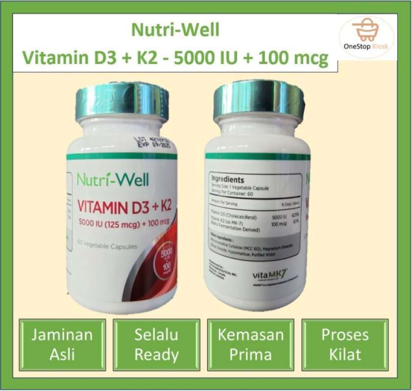 Jual Nutriwell Vitamin D3 + K2 5000 IU + 100 mcg Isi 60 Kapsul di