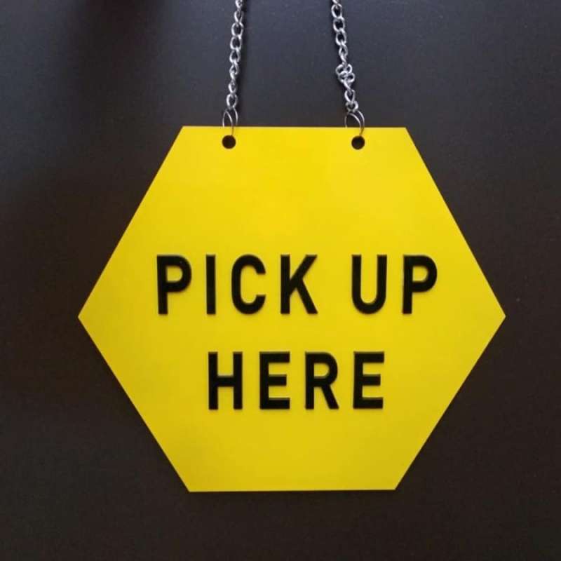 Jual Pick up here sign acrylic kuning hexagon / sign timbul / sign toko ...