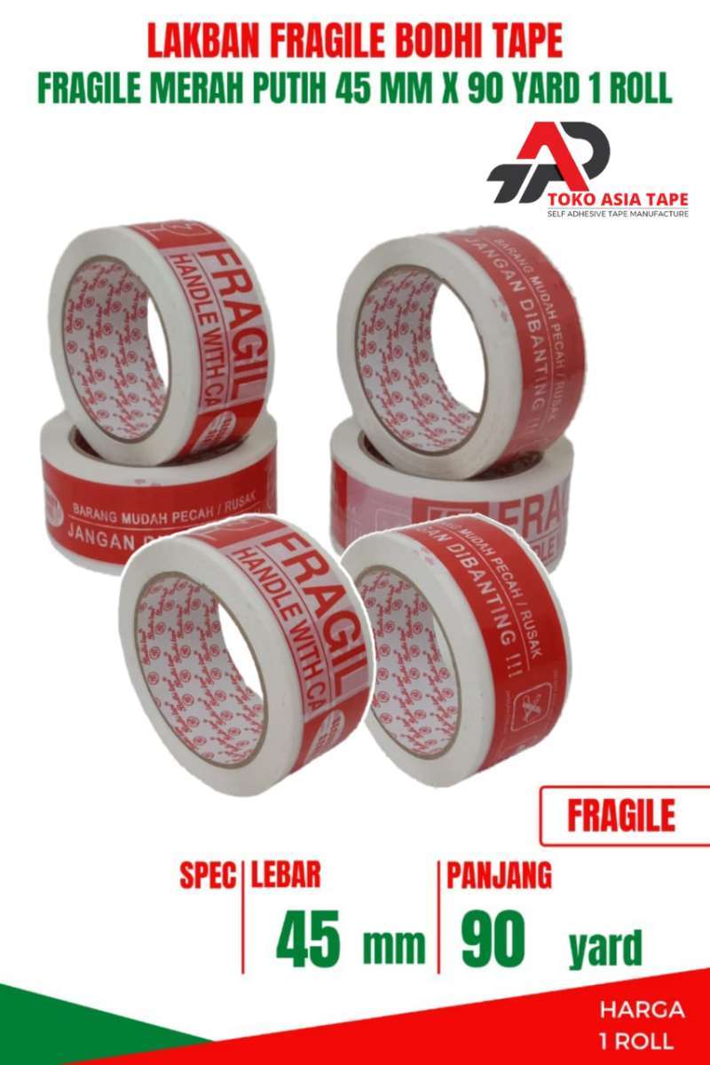 Promo LAKBAN PACKING FRAGILE MERAH PUTIH 45MM X 90YARD BODHI TAPE 1 ...