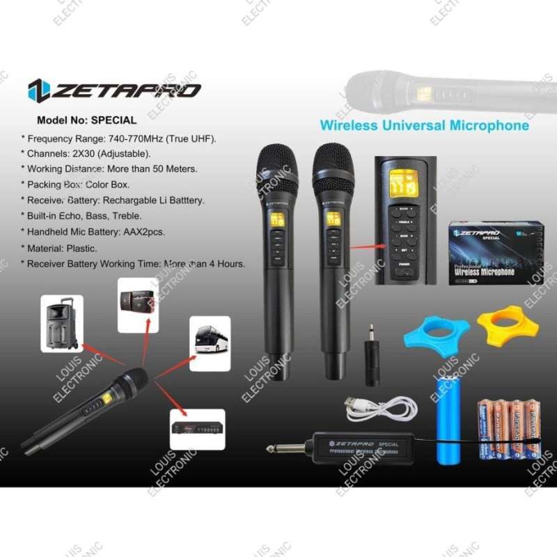 Jual Mic Wireless ZETAPRO SPECIAL UHF 2 Mic Builtin ECHO BASS TREBLE 2