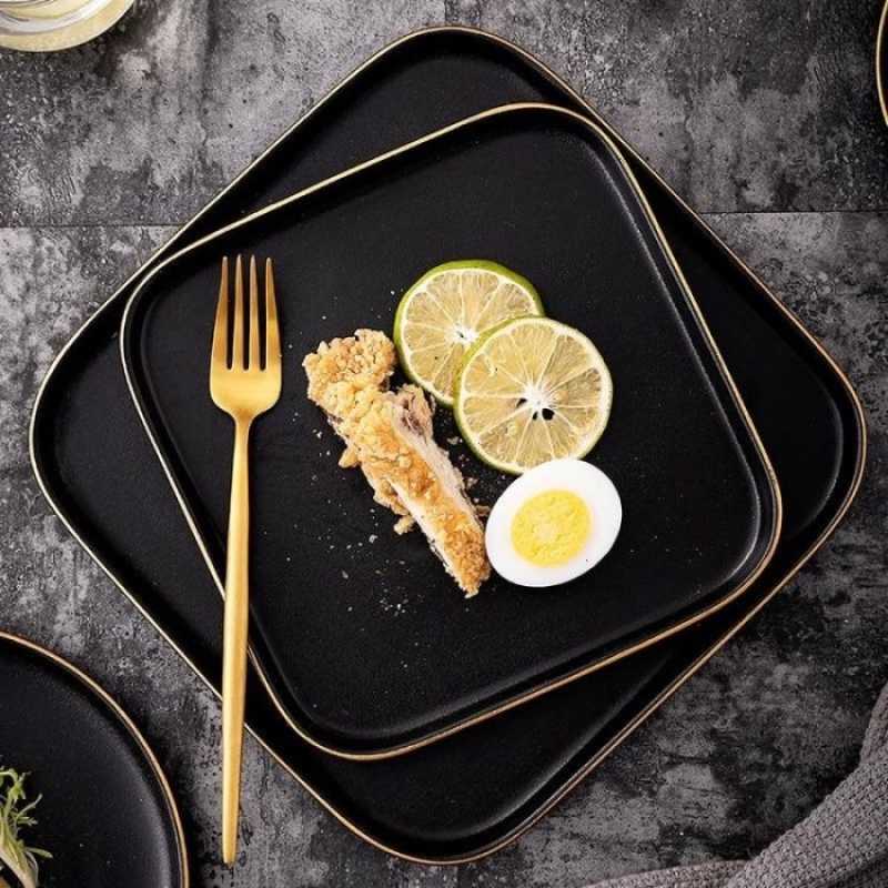 Promo Piring keramik night black rim gold classic cafe plate ala nordic ...
