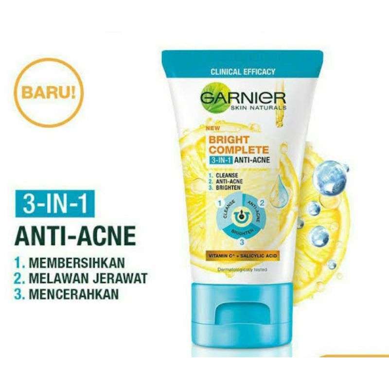 Jual JAR Garnier Bright Complete 3 In 1 Anti Acne Facial Wash 50ml di