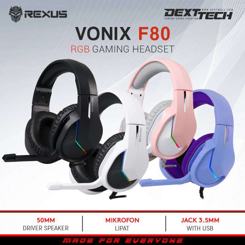 Jual Rexus Vonix F80 RGB Dual Jack with USB Gaming Headset Pink di
