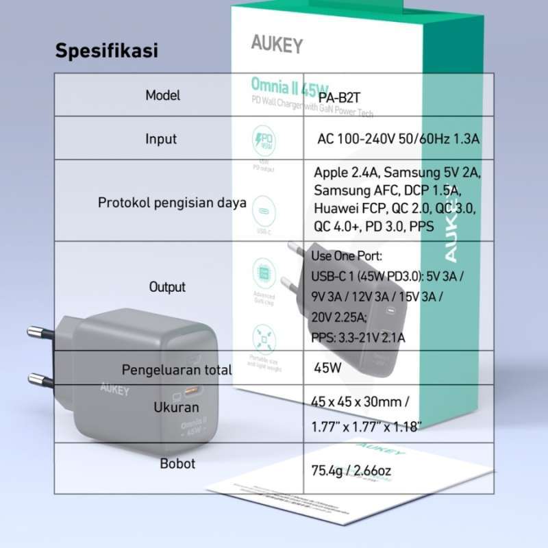 Jual Aukey Wall Charger Omnia Ii Series Type C Pd 3.0 45W - 501678 - Pa ...