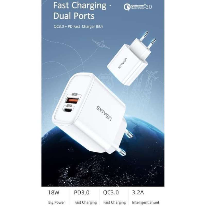 Promo USAMS T15 Charger hp adaptor QC 3.0 + PD Fast