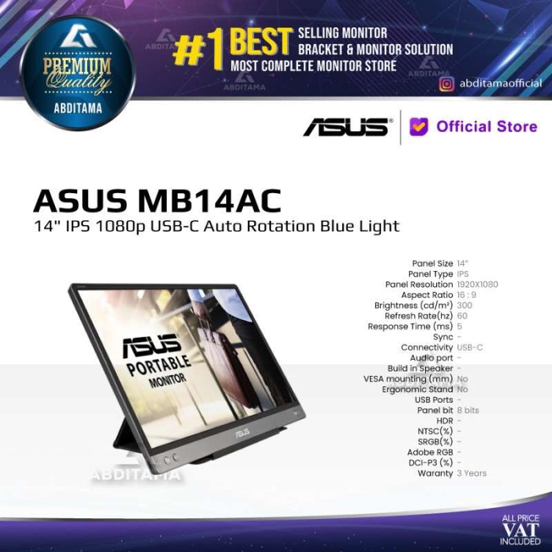 Jual Monitor Portable LED Asus ZenScreen MB14AC IPS 1080p USBC Auto