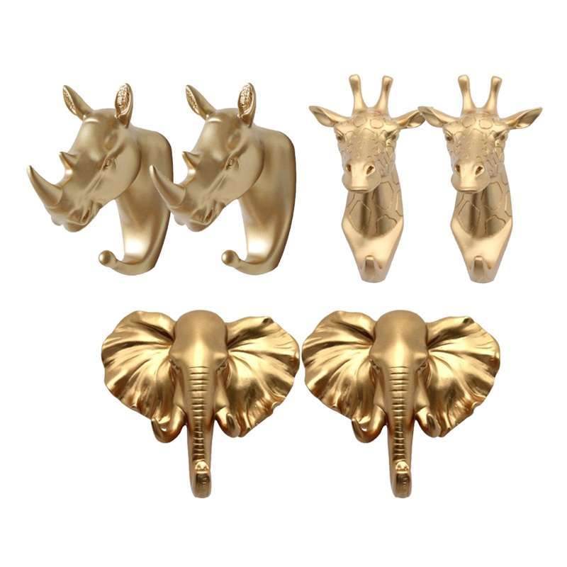 Promo Resin Animal Head Hook Hanger Rack Wall Mount Gold Elephant