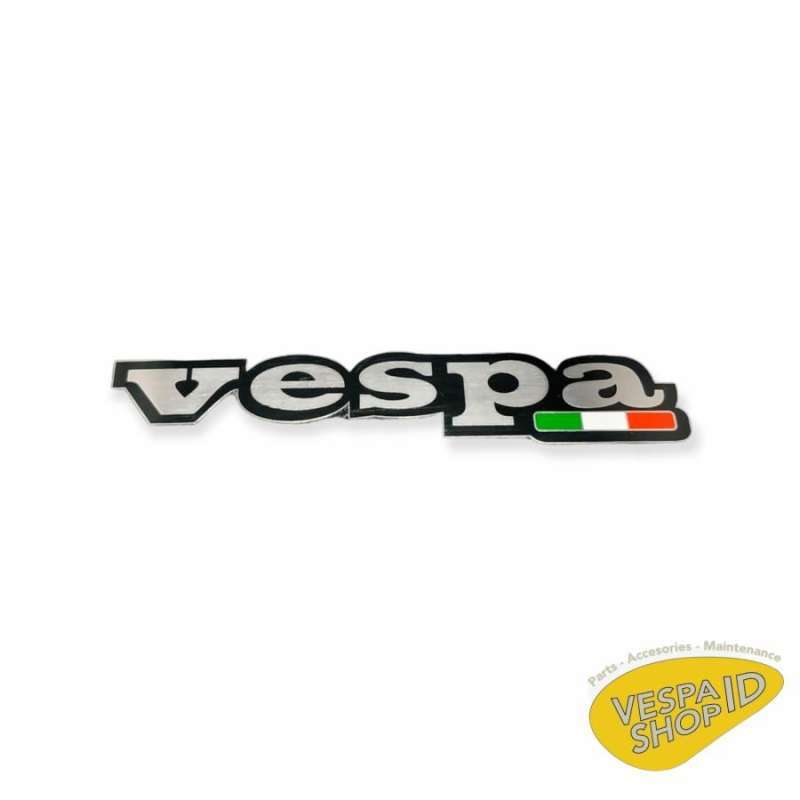 Emblème Vespa Argent 120x35mm - Lettrage Original Pour Sprint, Super, Rallye - Fixation 2 Broches (écartement 105mm)