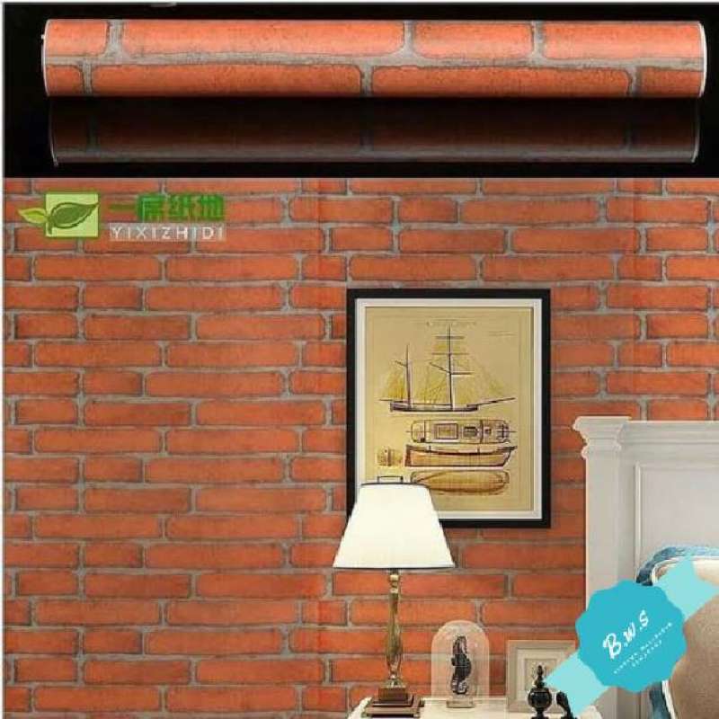 Jual Wallpaper Sticker Dinding Motif Batu Bata Orange //10m x 45cm di