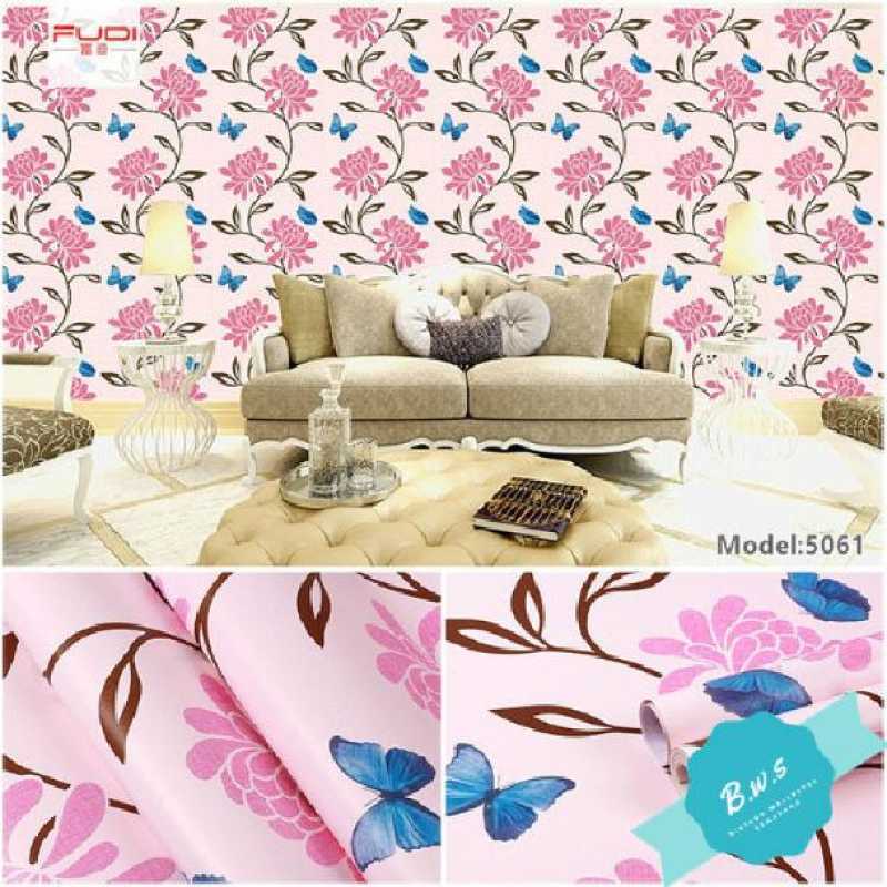 Jual Wallpaper Sticker Dinding Bunga Pink Kupu Kupu //10m x 45cm di