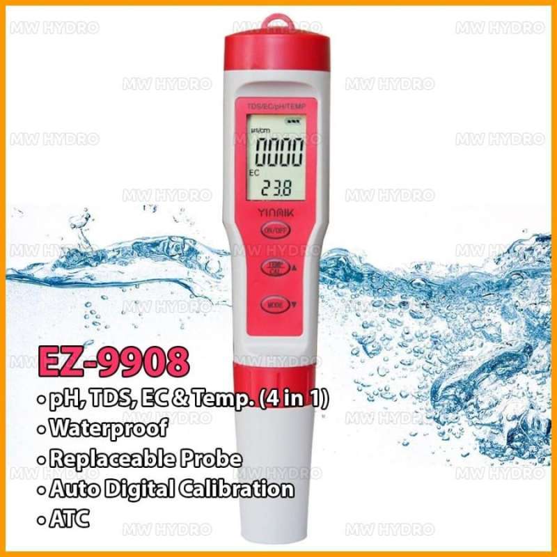 Jual pH + TDS + EC + Temp Meter, Waterproof, Auto Calibrate, ATC [EZ