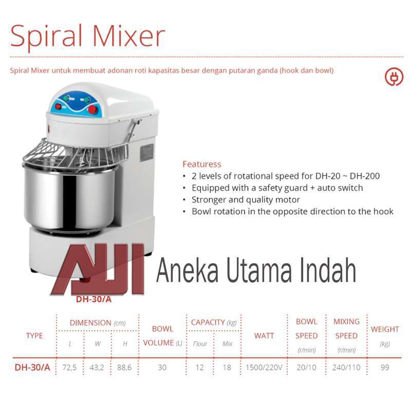 Promo Getra Dh-30/a Dh-30a Dh-30 Aspiral Mixer Adonan 18 Kg Bowl 30 ...