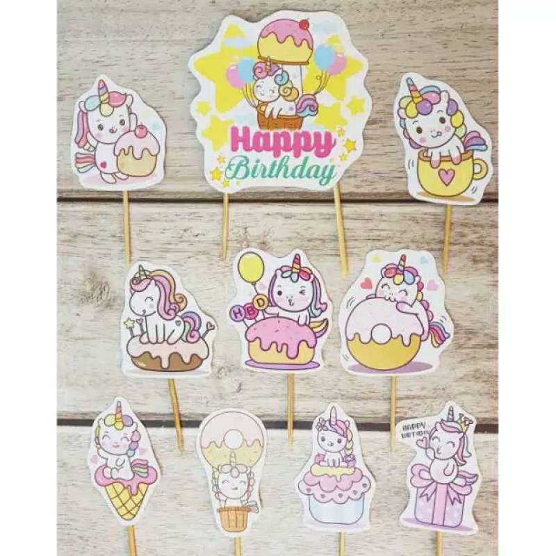 Jual satu set cake topper toper hiasan kue ulang tahun karakter unicorn