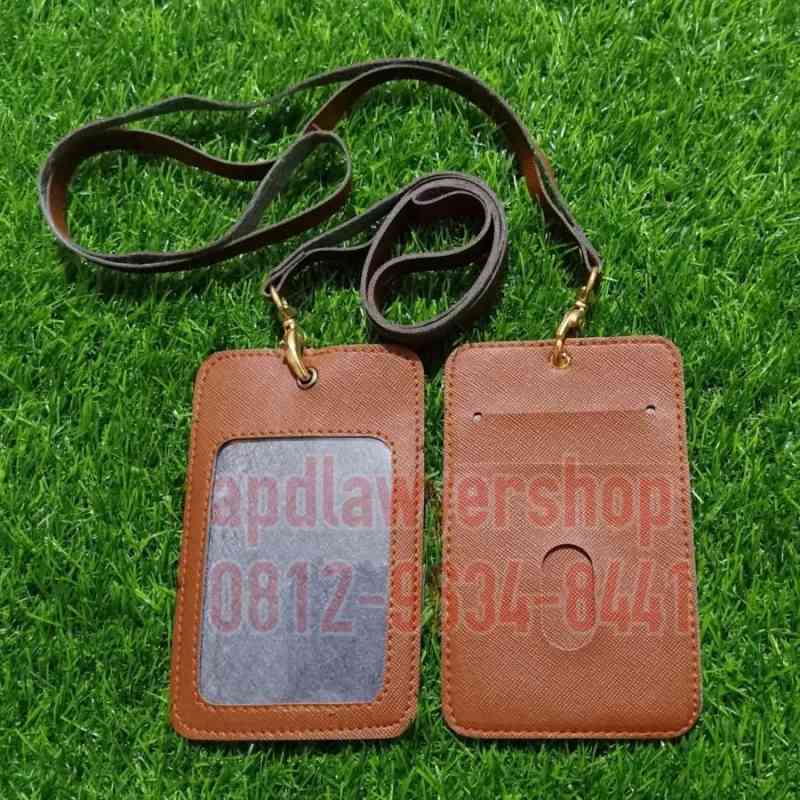 Jual Name Tag Id Card Tempat Kartu Plus Tali Semi Kulit 2 Slot Card Coklat di Seller