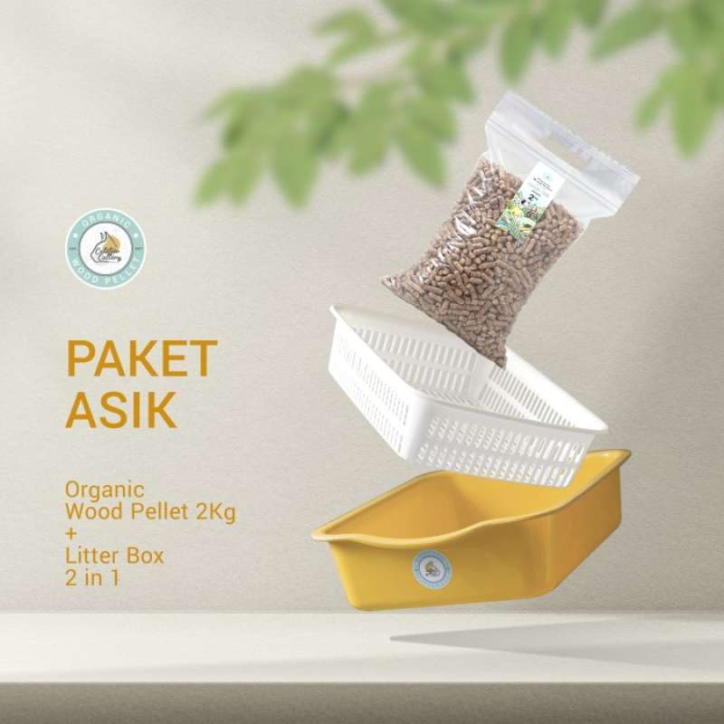Promo PAKET ASIK Litter Box 2 in 1 dan Organic Wood Pellet 2Kg