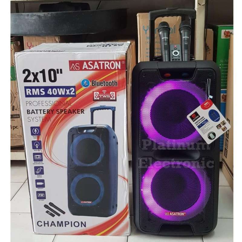 Jual Speaker Aktif 10 Double Bass Asatron Champion Portable 2 Mic