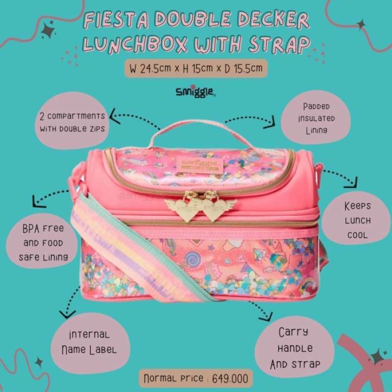 Jual Lunch Box Lunch Bag Smiggle Double Decker Fiesta With Strap di
