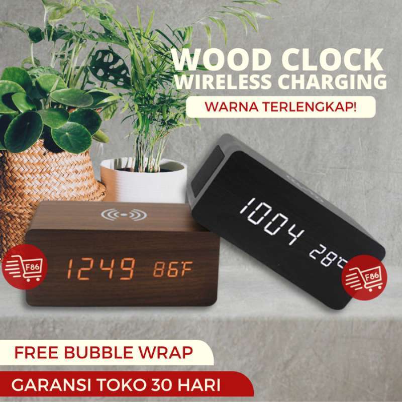 Promo F86 JAM DIGITAL KAYU Smart Wood Clock Wireless Charging