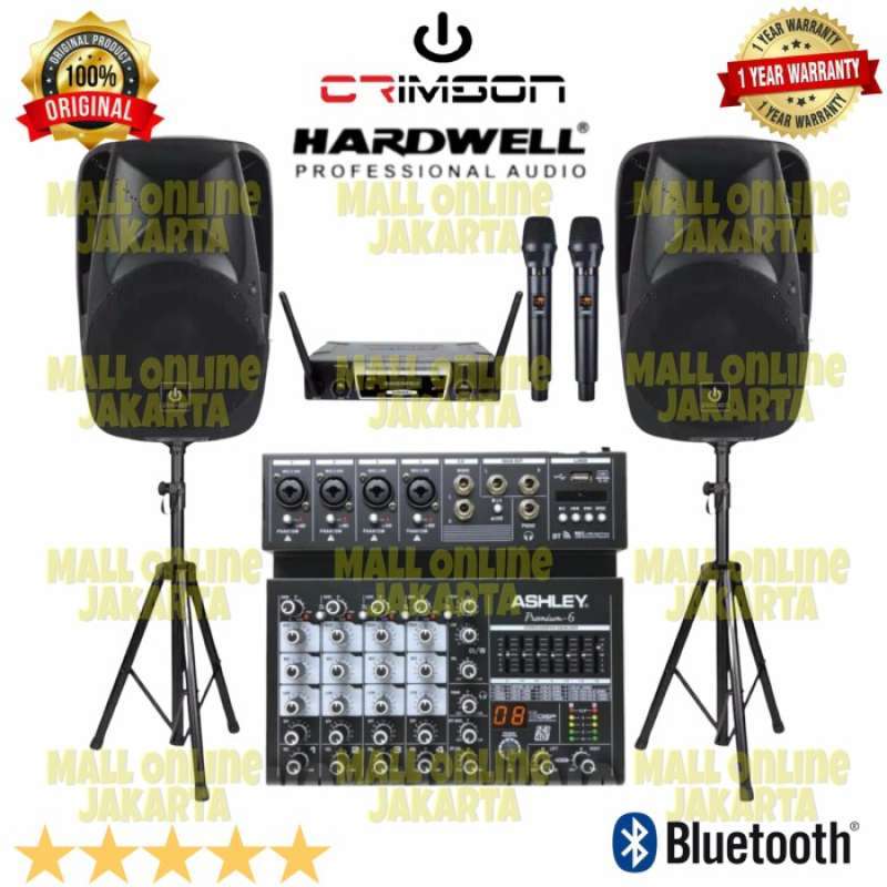 Jual Paket speaker aktif pasif 15 inch crimson show Mixer 6 channel mic