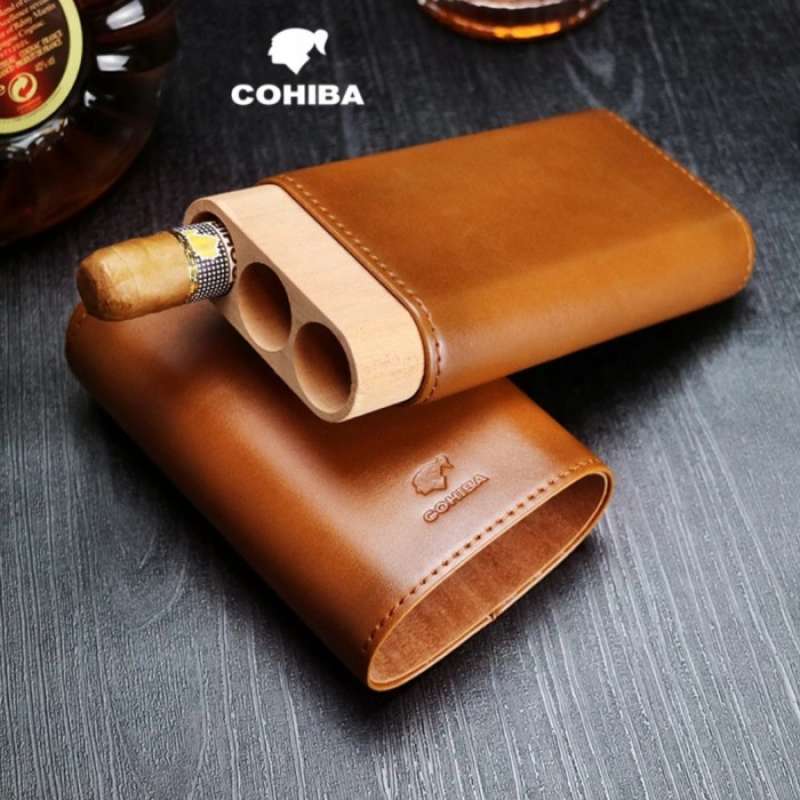 Jual Cohiba Leather Case Cedar Wood Case Humidor 3 Tubes Portable