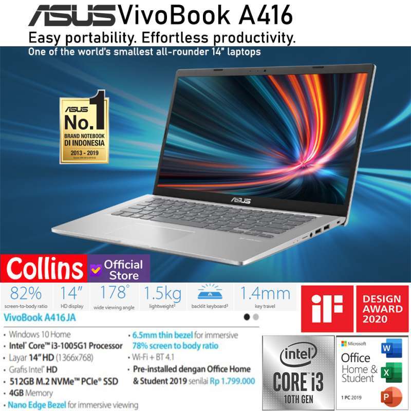 Jual LAPTOP ASUS VIVOBOOK A416JA I3-1005G1 4GB 512GB 14 W10 KB BACKLIT