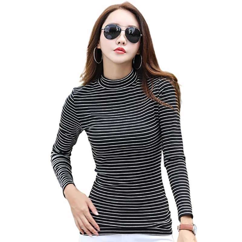 Promo Kaos Tshirt lengan Panjang Leher tinggi corak salur wanita di