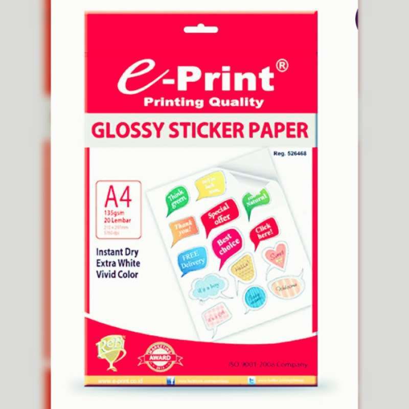 Jual Baru Glossy Sticker Paper e-Print A4 135gsm isi 20 lbr Kertas ...