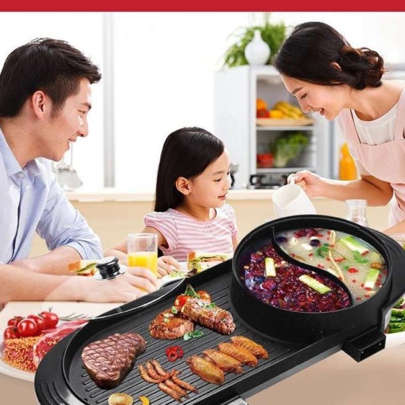 Jual Grill Pan Electric 2 in 1 Multifungsi Panci Shabu Hotpot BBQ di