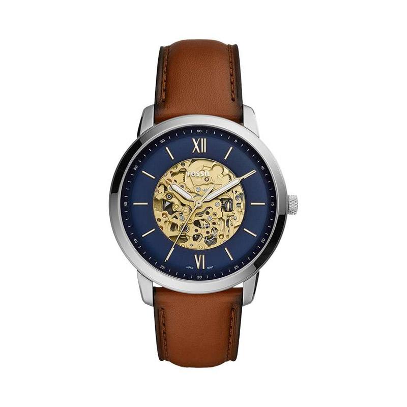 Promo Fossil Neutra Automatic Skeleton Dial Brown Leather Strap Jam