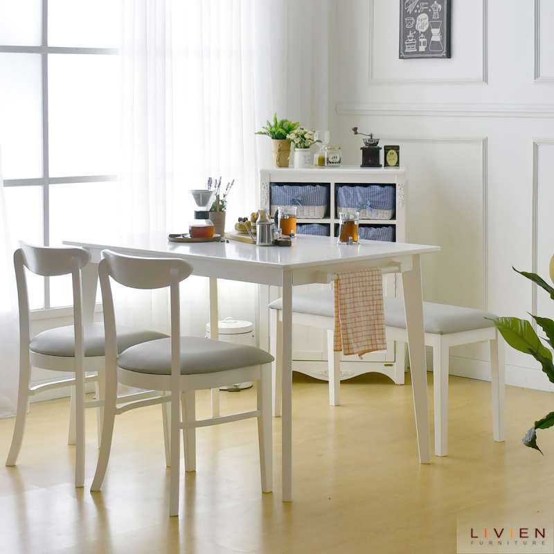 Promo Livien Nora Set Meja Makan Minimalis White [2 Kursi & 1 Bench
