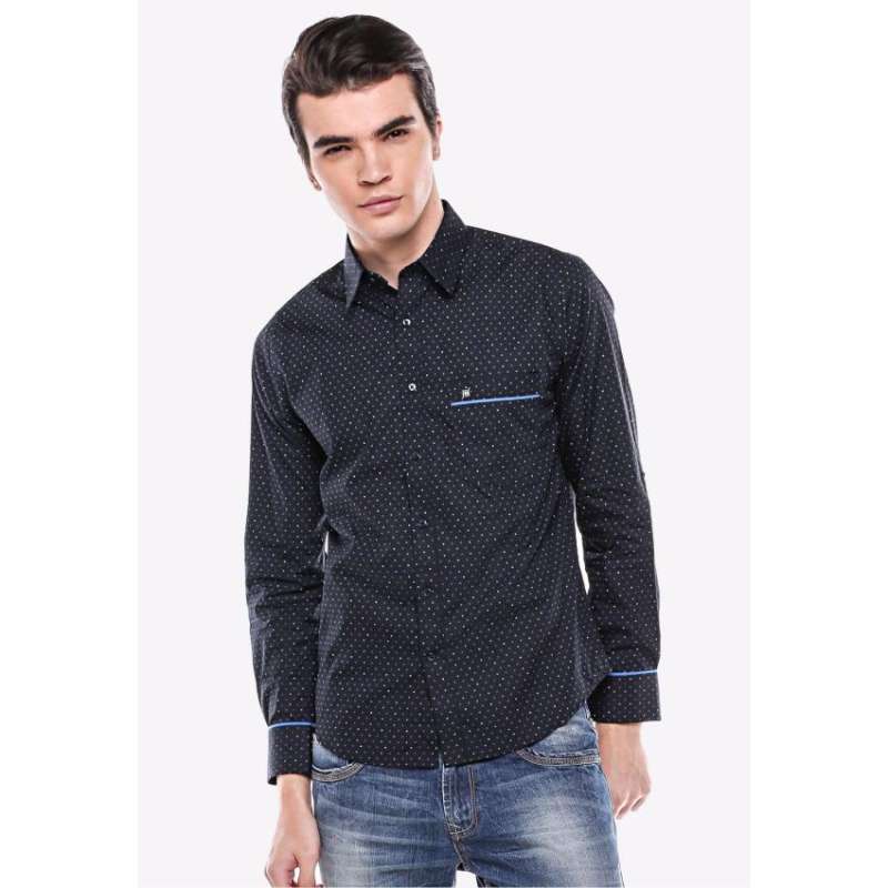 Promo Johnwin - Regular Fit - Kemeja Formal - Hitam - Motif Polkadot