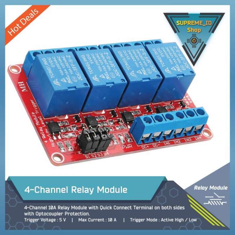 Jual 4-Channel Relay Module Optocoupler + Adjustable Hi/Lo Trigger di ...