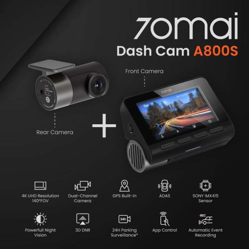 Jual 70mai Dash Cam A800s HD 4K 2160P GPS ADAS Set (Front+Rear Camera ...