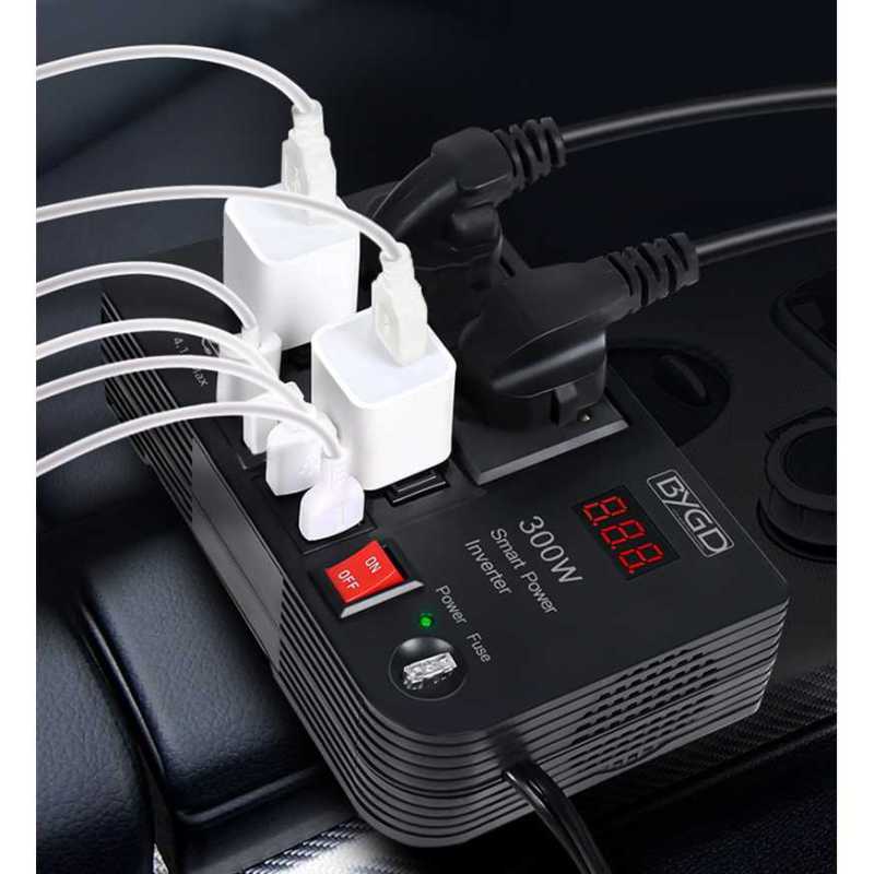300W Car Power Inverter - 12V To 110V AC Outlet With 65W USB-C Fast Charging, LCD Display