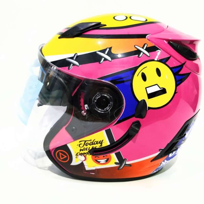 Promo Helm ARL Centro Double Visor EMOJI SMILE PINK. Diskon 13 di