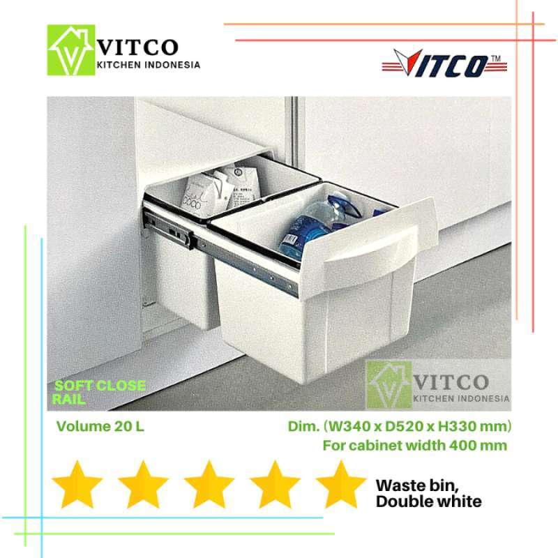 Jual Vitco Soft Close Waste Bin Double White / Tempat Sampah Dapur Rel