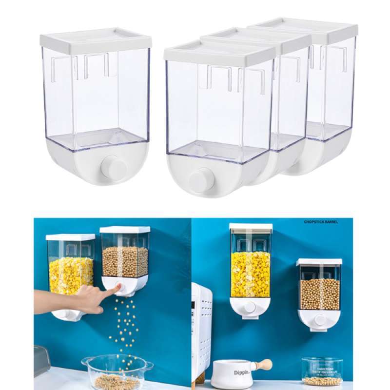 Promo 4x 1000ml Cereal Dispenser Container Wall Mounted Grain Dry Food