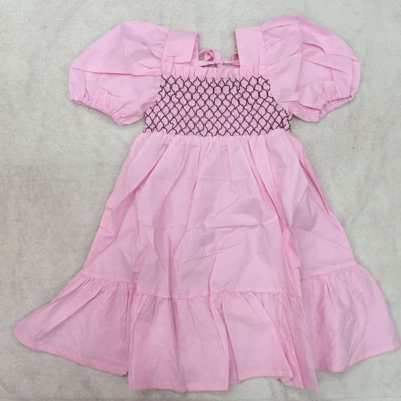Jual Dress anak import katun lengan balon dada kerut gaun pink hitam