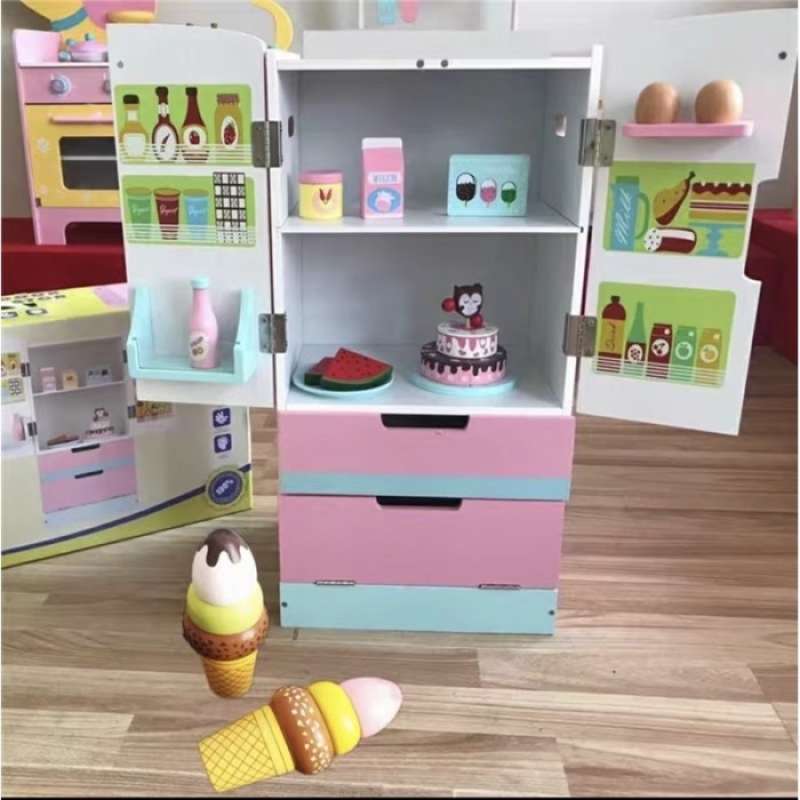Promo wooden double doors fridge pretend toys kulkas kayu Diskon 23 di Seller Crystal