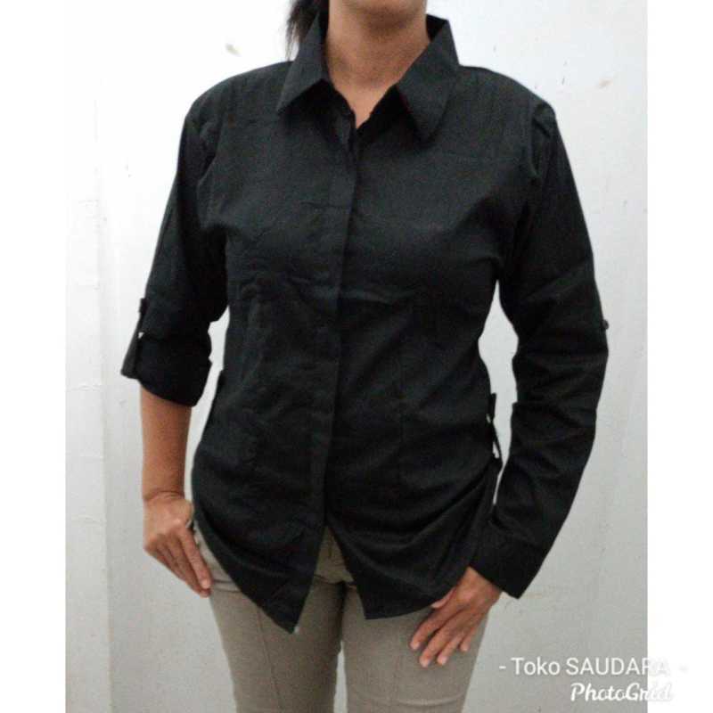 Jual kemeja formal wanita tangan panjang hitam polos lengan lipat