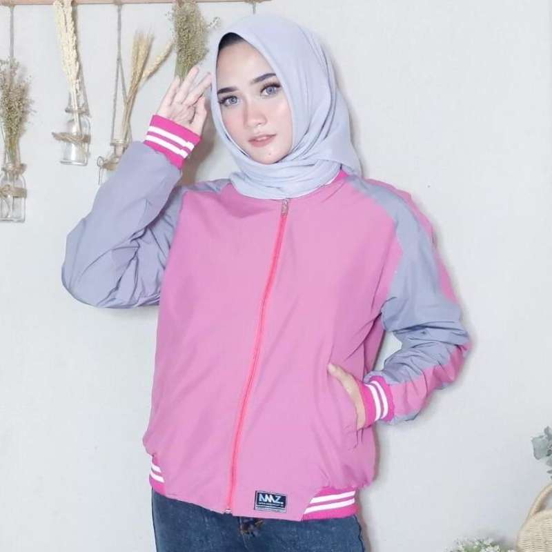 Promo SKJ PINK MNM x AMZ Jaket Pria Bomber Jaket Parasut Unisex 2 in 1 ORI Size M Maroon
