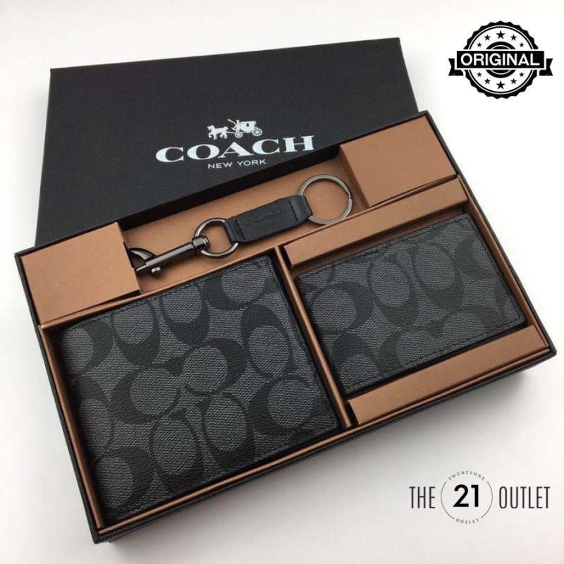 Promo Coach Man in Signature Wallet + Card Holder + Keychain 3 in 1 Original Black Diskon 40
